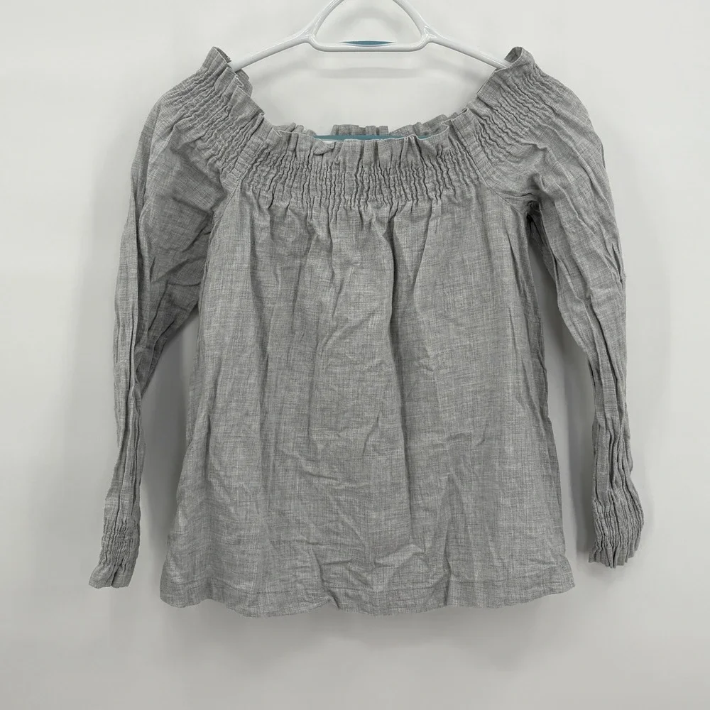 LOFT Petites Grey Cotton Smocked Off the Shoulder‎ Long Sleeve Blouse SP 451424